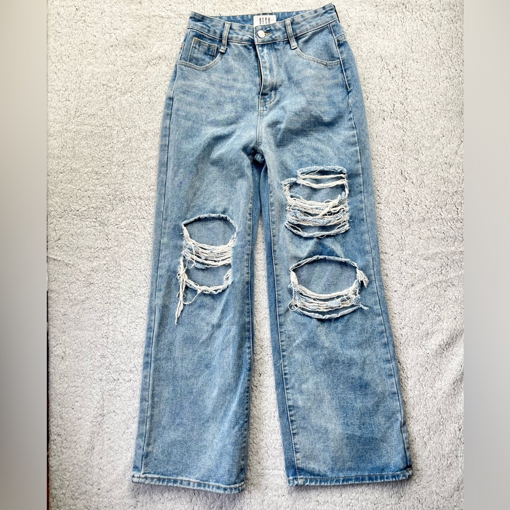 Womens DESU Light Wash Ripped Distressed Wide Leg High Rise Denim Jeans Size S